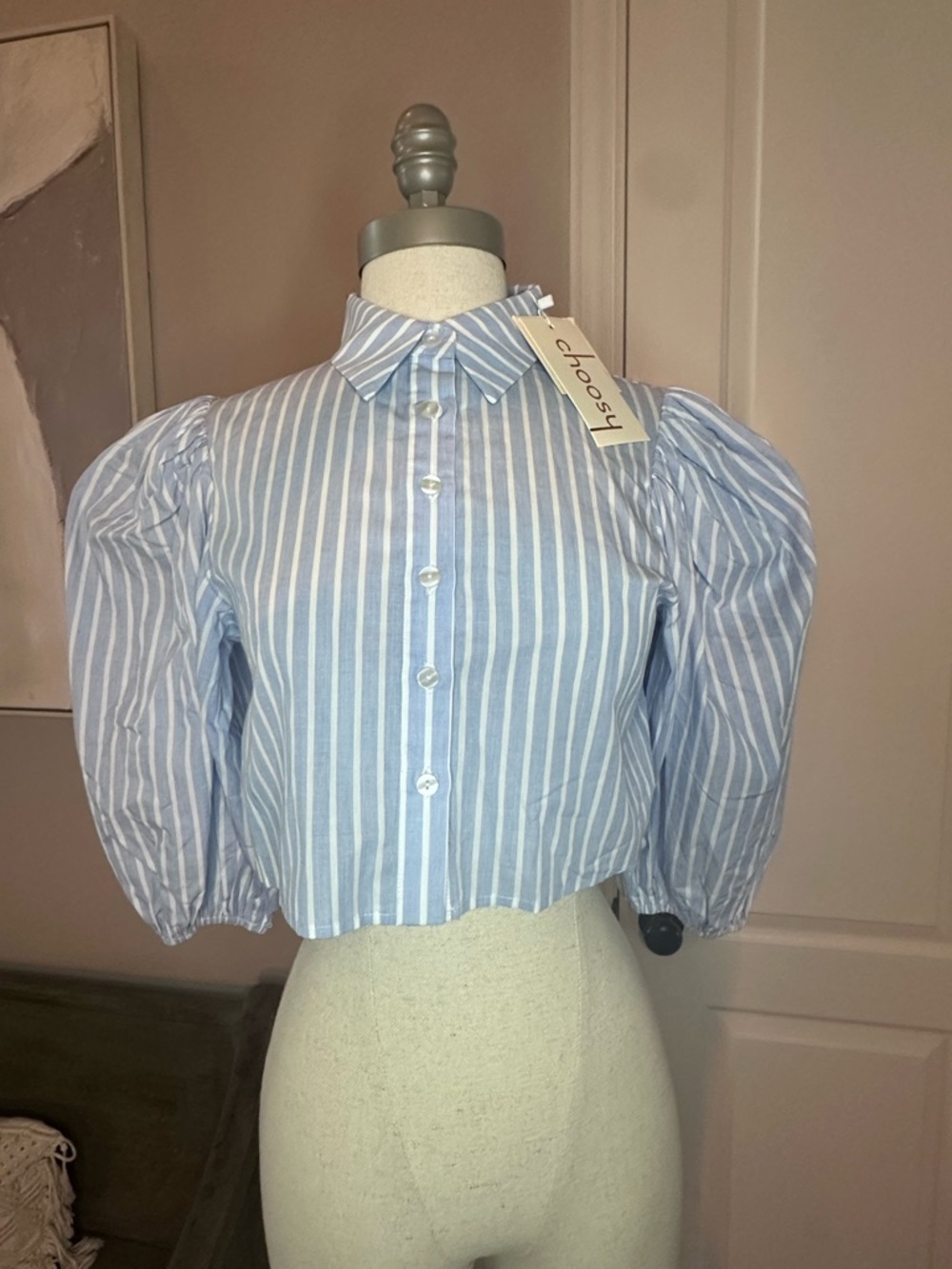 Choosy Puff Sleeve Cropped Button-Up Shirt - Light Blue & White Stripes